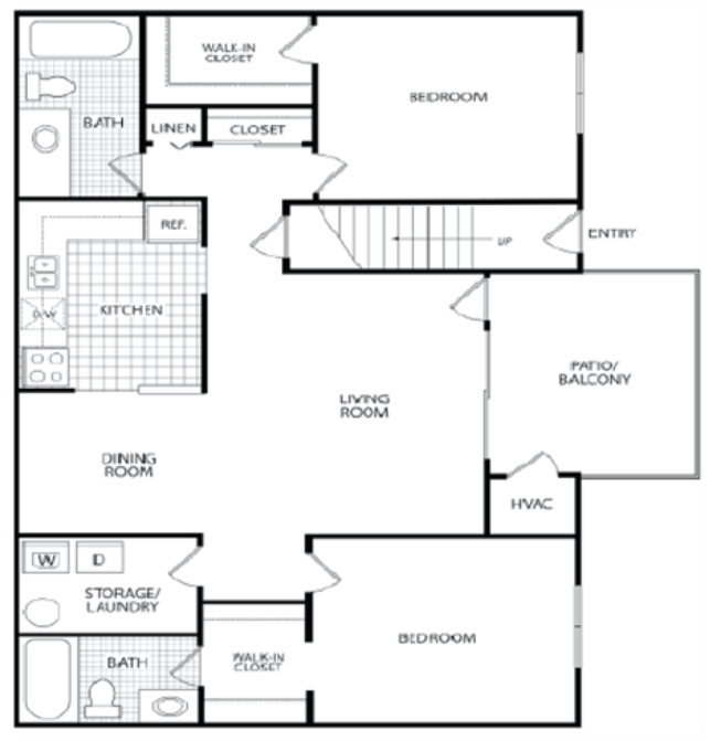 Floor plan for 2 beds, 2 baths, 1020 sqft